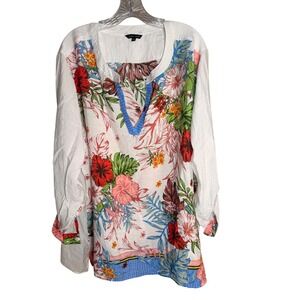 John Mark Tropical Floral Tunic Women 3X White Rayon Nylon Split Neck Top
